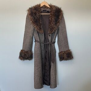 DKNY Jeans Vintage Brown Herringbone Wool Blend Coat with Faux Fur Trim